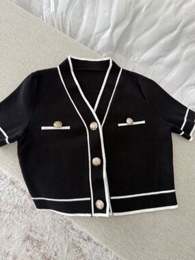 Brand New, Never WorBlack Short-Sleeve Cardigan with White Trim and Gold Buttons